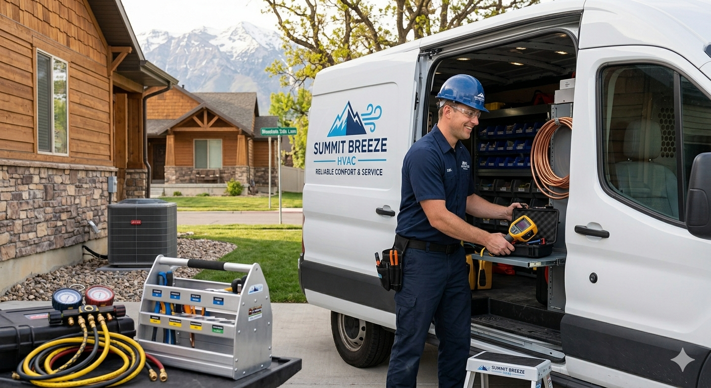 Summit Breeze HVAC technician preparing equipment at a service van